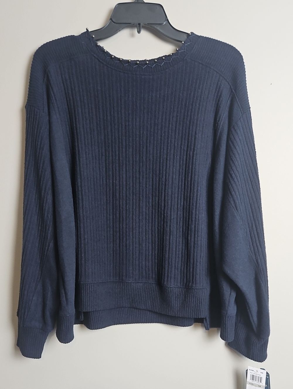 Democracy Long Sleeve Pearl CrewNeck Detail Top: Color- Heather Blue: Size- 1X